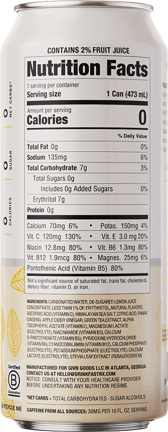 FAST:RX Sparkling Meyer Lemon Zero Sugar Keto drink Hydrating fasting water transparent